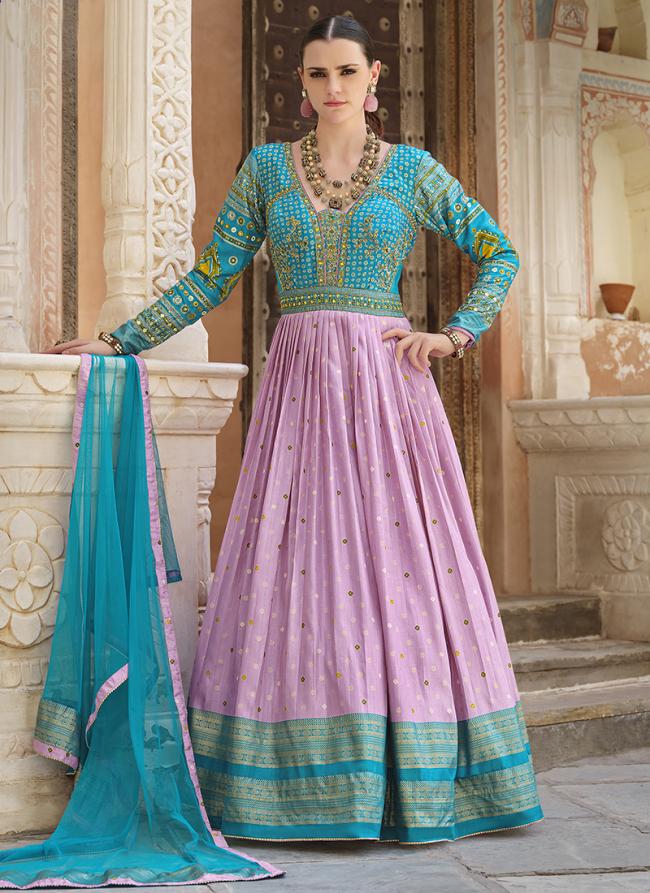 Silk Sky Blue Bridal Wear Foil Print Readymade Anarkali Suit